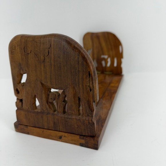 Other - Hand Carved Wooden Elephant Sliding Bookrack Adjustable Folding Book Ends Brown